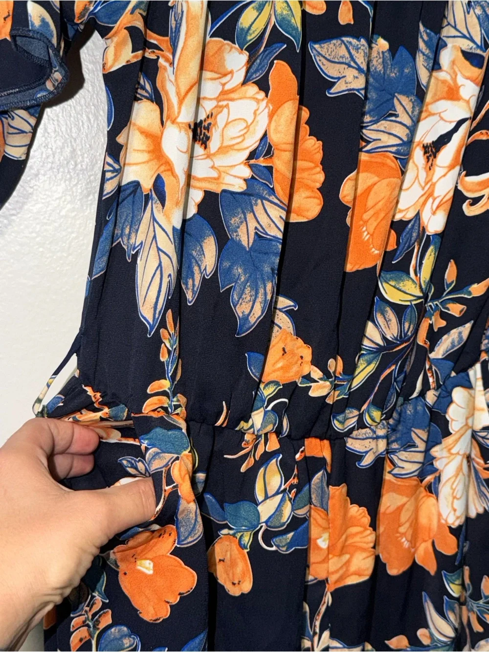 SHEIN Navy Floral Off-Shoulder Jumpsuit with Orange Blooms - Picture 4 of 8